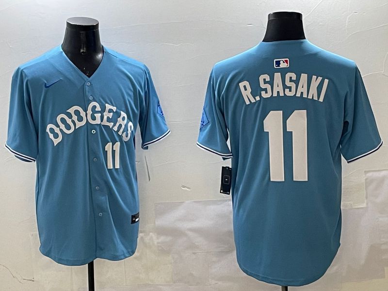 Men Los Angeles Dodgers #11 R.Sasaki Light Blue Joint Name 2025 Nike MLB Jersey style 7